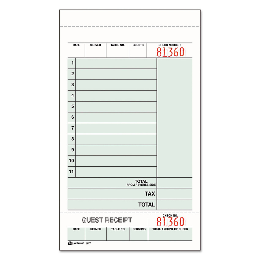 Adams Guest Check Unit Set, Two-Part Carbonless, 6.75 x 4.25, 50 Forms/Pad, 5 Pads/Pack (ABF947SWC)