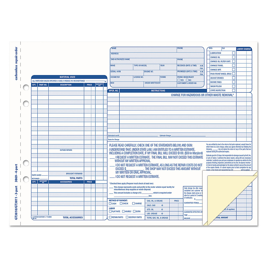 TOPS Auto Repair Four-Part Order Form, Four-Part Carbonless, 11 x 8.5, 50 Forms Total (TOP3869)