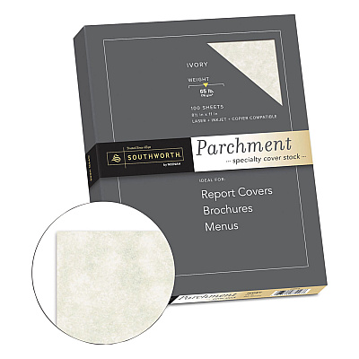 Southworth Parchment Specialty Paper, 65 lb Cover Weight, 8.5 x 11, Ivory, 100/Box (SOUZ980CK)