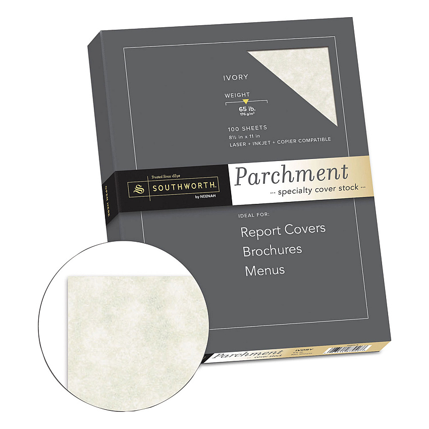Southworth Parchment Specialty Paper, 65 lb Cover Weight, 8.5 x 11, Ivory, 100/Box (SOUZ980CK)
