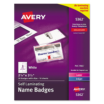 Avery Self-Laminating Laser/Inkjet Printer Badges, 2.25 x 3.5, White, 30/Box (AVE5362)
