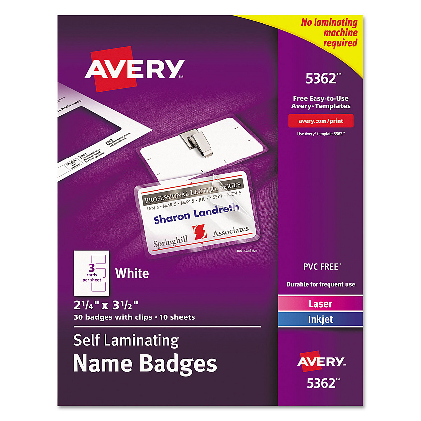 Avery Self-Laminating Laser/Inkjet Printer Badges, 2.25 x 3.5, White, 30/Box (AVE5362)
