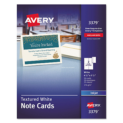 Avery Note Cards with Matching Envelopes, Inkjet, 65lb, 4.25 x 5.5, Textured Uncoated White, 50 Cards, 2 Cards/Sheet, 25 Sheets/Box (AVE3379)
