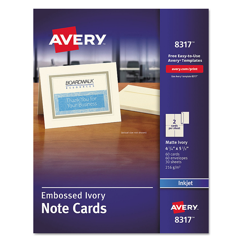 Avery Note Cards with Matching Envelopes, Inkjet, 80 lb, 4.25 x 5.5, Embossed Matte Ivory, 60 Cards, 2 Cards/Sheet, 30 Sheets/Pack (AVE8317)