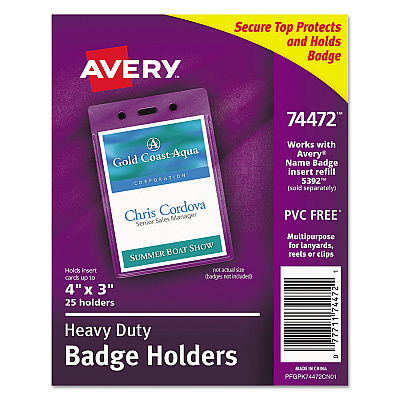 Avery Secure Top Heavy-Duty Badge Holders, Vertical, 3w x 4h, Clear, 25/Pack (AVE74472)