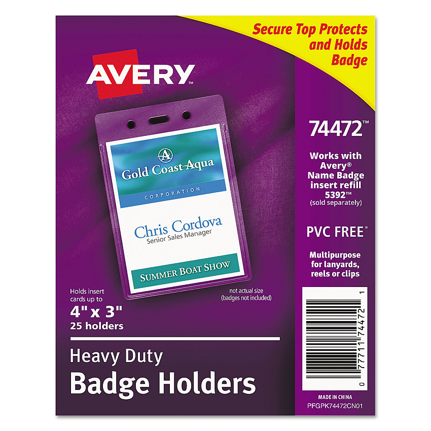 Avery Secure Top Heavy-Duty Badge Holders, Vertical, 3w x 4h, Clear, 25/Pack (AVE74472)