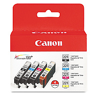 Canon 2946B004 (CLI-221) Ink, Black/Cyan/Magenta/Yellow, 4/Pack