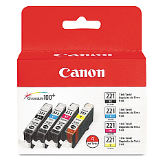 Canon 2946B004 (CLI-221) Ink, Black/Cyan/Magenta/Yellow, 4/Pack