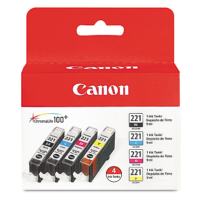 Canon 2946B004 (CLI-221) Ink, Black/Cyan/Magenta/Yellow, 4/Pack