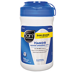 Sani Professional Hands Instant Sanitizing Wipes, 5 x 6, Unscented, White, 150/Canister (NICP43572EA)