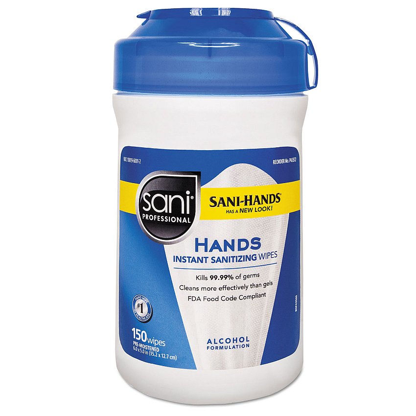 Sani Professional Hands Instant Sanitizing Wipes, 5 x 6, Unscented, White, 150/Canister (NICP43572EA)