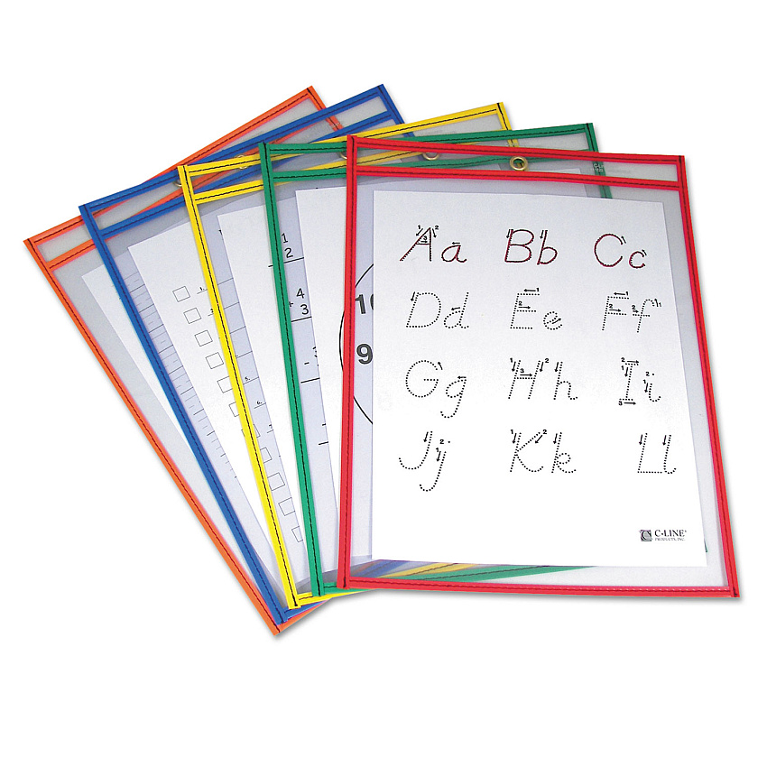 C-Line Reusable Dry Erase Pockets, 9 x 12, Assorted Primary Colors, 5/Pack (CLI40630)