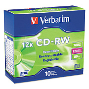Verbatim CD-RW High-Speed Rewritable Disc, 700 MB/80 min, 12x, Slim Jewel Case, Silver, 10/Pack (VER95156)