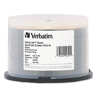 Verbatim UltraLife Gold Archival Grade DVD-R, 4.7 GB, 16x, Spindle, Gold, 50/Pack (VER95355)