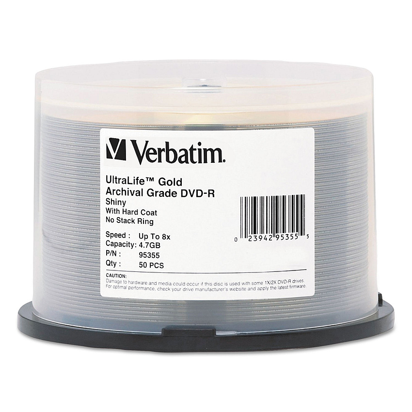 Verbatim UltraLife Gold Archival Grade DVD-R, 4.7 GB, 16x, Spindle, Gold, 50/Pack (VER95355)