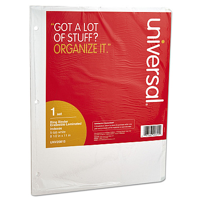 Universal Deluxe Write-On/Erasable Tab Index, 5-Tab, 11 x 8.5, White, White Tabs, 1 Set (UNV20815)