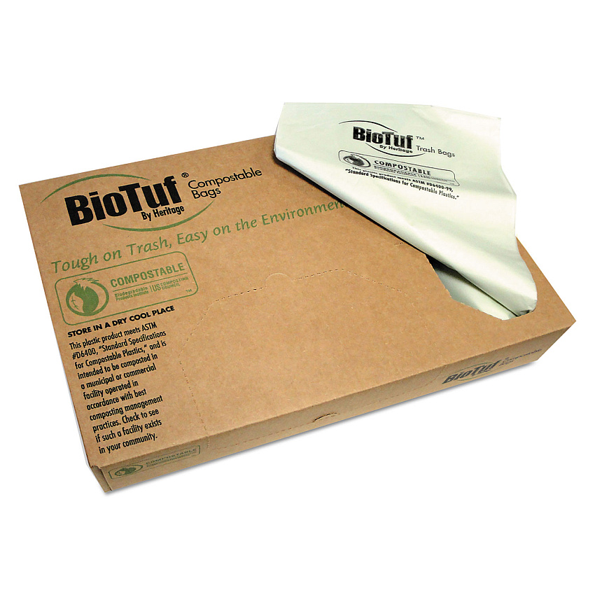 Heritage Biotuf Compostable Can Liners, 60 gal, 0.9 mil, 38" x 58", Green, 20 Bags/Roll, 5 Rolls/Carton (HERY7658TER01)