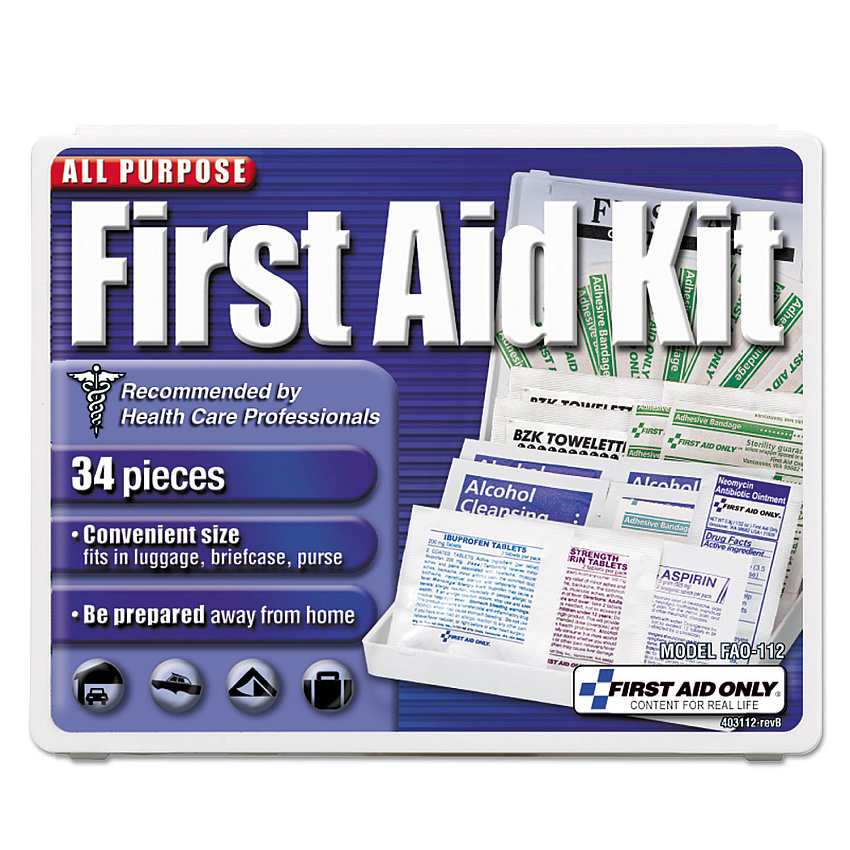 First Aid Only All-Purpose First Aid Kit, 34 Pieces, 3.74 x 4.75, 34 Pieces, Plastic Case (FAO112)