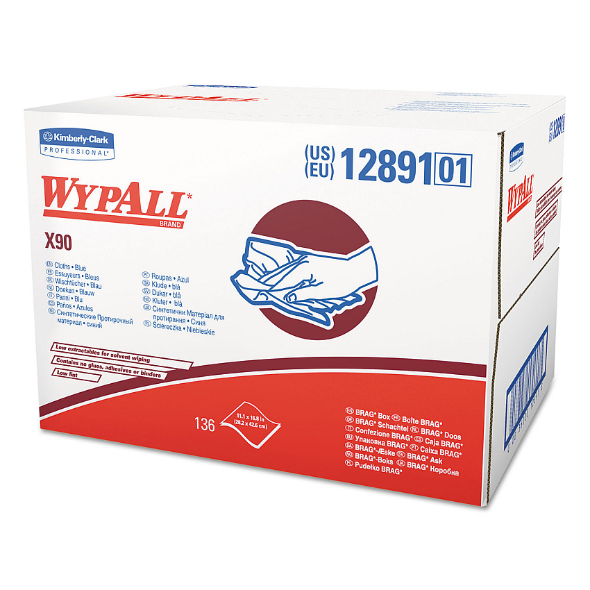 WypAll X90 Cloths, BRAG Box, 2-Ply, 11.1 x 16.8, Denim Blue, 136/Carton (KCC12891)