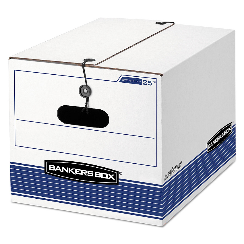Bankers Box STOR/FILE Medium-Duty Strength Storage Boxes, Letter/Legal Files, 12.25" x 16" x 11", White/Blue, 4/Carton (FEL0002501)