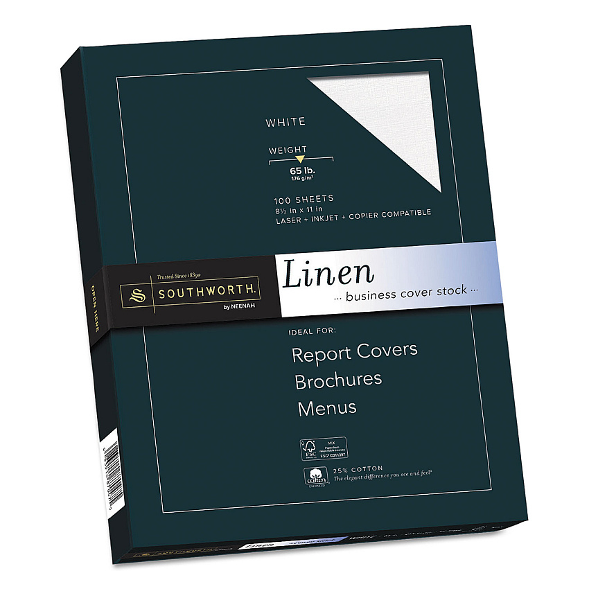 Southworth 25% Cotton Linen Cover Stock, 65 lb Cover Weight, 8.5 x 11, 100/Pack (SOUZ550CK)