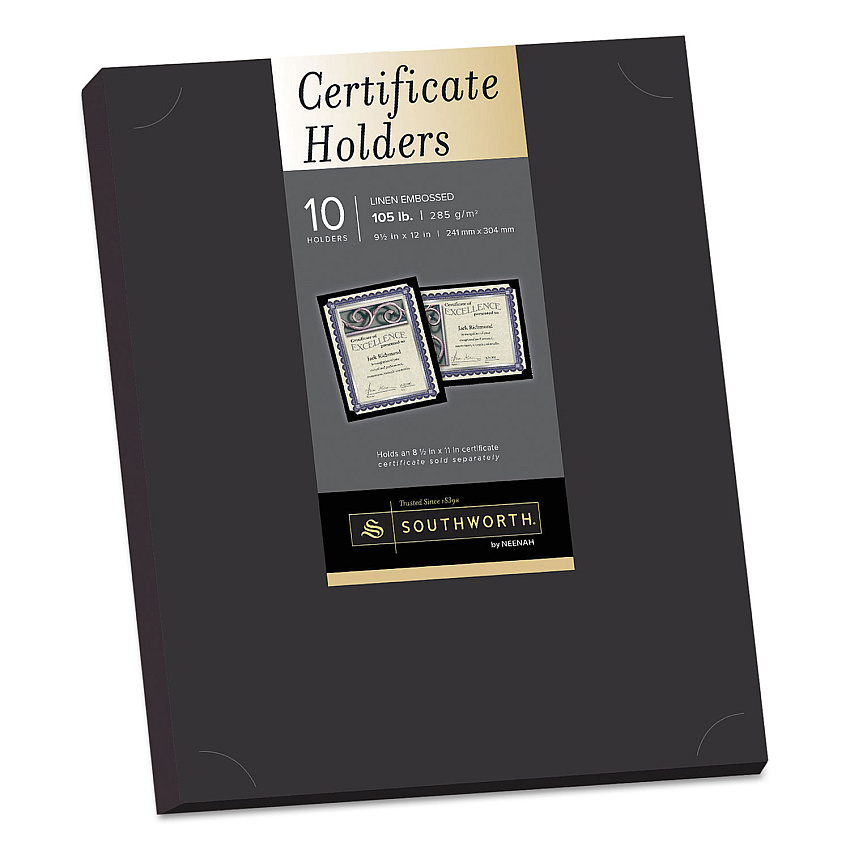 Southworth Certificate Holder, Black, 105lb Linen Stock, 12 x 9.5, 10/Pack (SOUPF18)