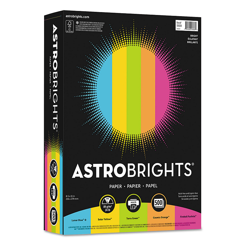 Astrobrights Color Paper -"Bright" Assortment, 24 lb Bond Weight, 8.5 x 11, Assorted Bright Colors, 500/Ream (WAU99608)