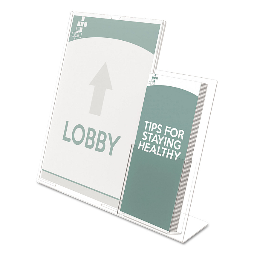 deflecto Superior Image Slanted Sign Holder with Side Pocket, 13.5w x 4.25d x 10.88h, Clear (DEF599401)