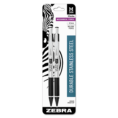 Zebra M-301 Mechanical Pencil, 0.5 mm, HB (#2), Black Lead, Silver/Black Barrel, 2/Pack (ZEB54012)