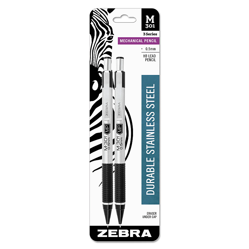 Zebra M-301 Mechanical Pencil, 0.5 mm, HB (#2), Black Lead, Silver/Black Barrel, 2/Pack (ZEB54012)