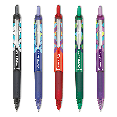 Pilot Precise V5RT Deco Collection Roller Ball Pen, Retractable, Extra-Fine 0.5 mm, Assorted Peacock Ink and Barrel Colors, 5/Pack (PIL41980)