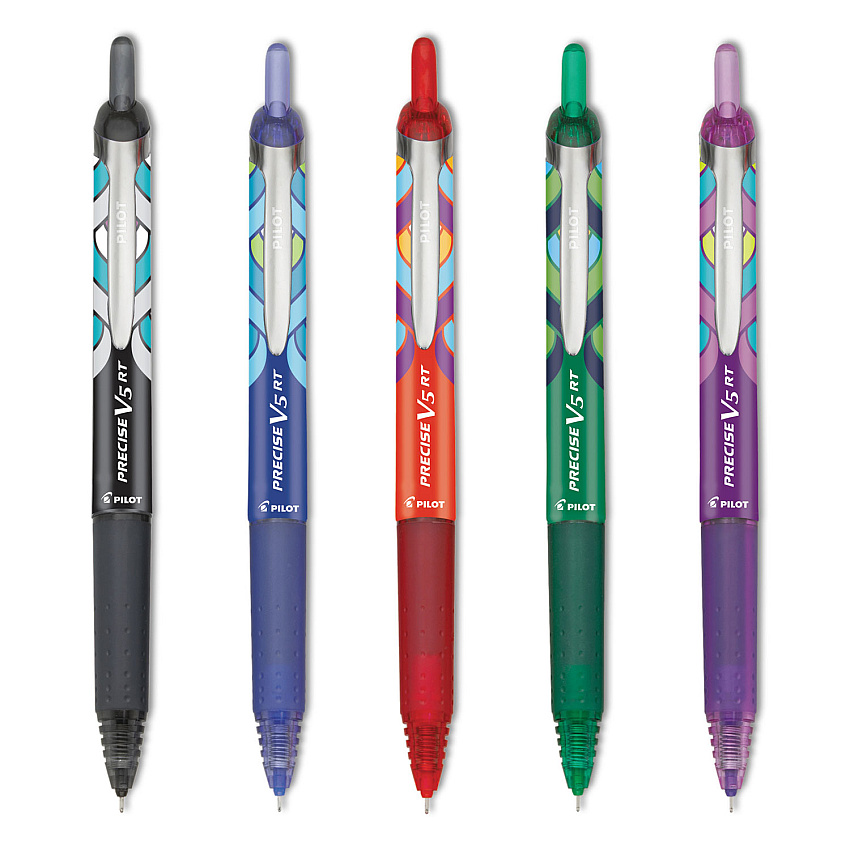 Pilot Precise V5RT Deco Collection Roller Ball Pen, Retractable, Extra-Fine 0.5 mm, Assorted Peacock Ink and Barrel Colors, 5/Pack (PIL41980)