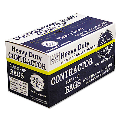 AEP Industries Heavy-Duty Contractor Clean-Up Bags, 60 gal, 3 mil, 32" x 50", Black, 20/Carton (WBI186470)