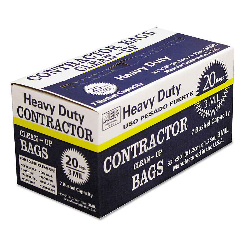 AEP Industries Heavy-Duty Contractor Clean-Up Bags, 60 gal, 3 mil, 32" x 50", Black, 20/Carton (WBI186470)