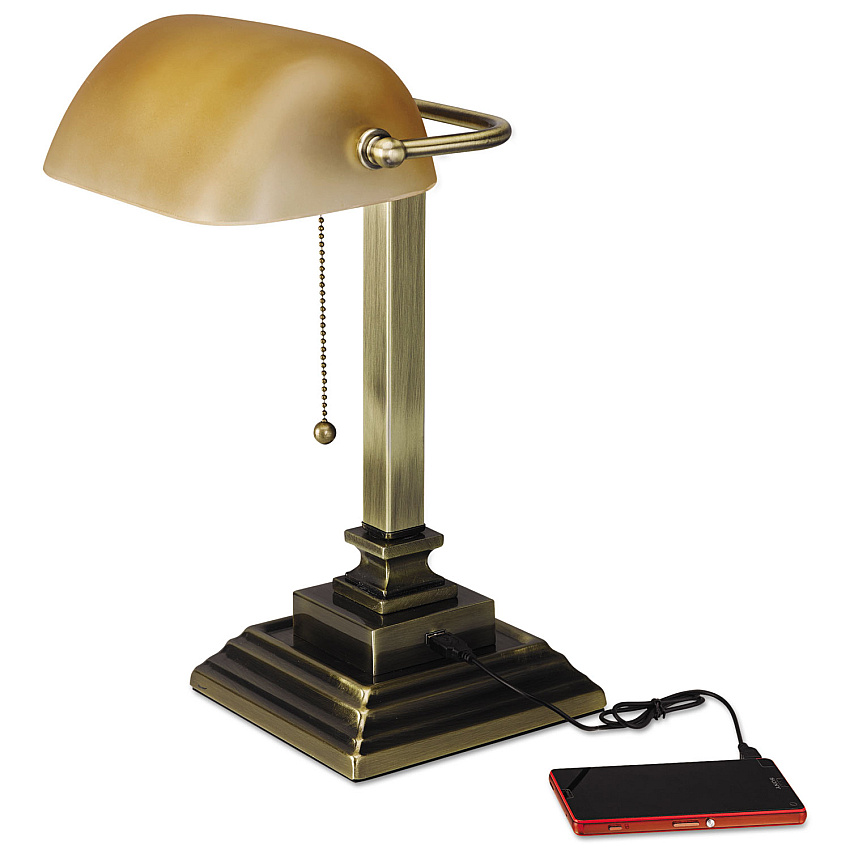 Alera Traditional Banker's Lamp with USB, 10w x 10d x 15h, Antique Brass (ALELMP517AB)