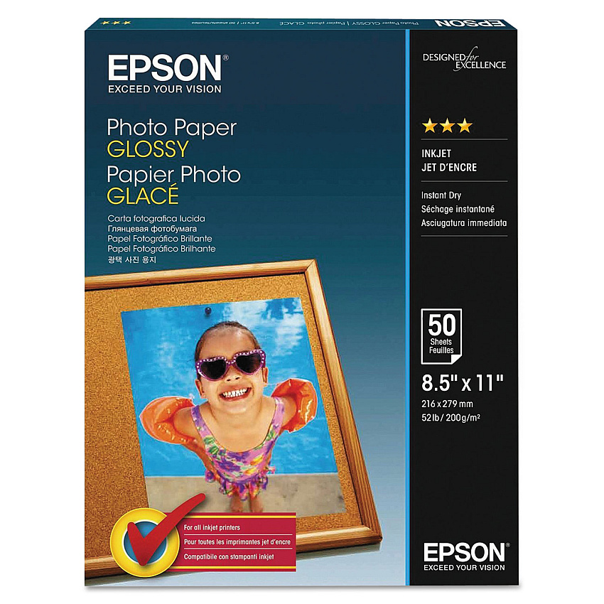 Epson Glossy Photo Paper, 9.4 mil, 8.5 x 11, Glossy White, 100/Pack (EPSS041271)