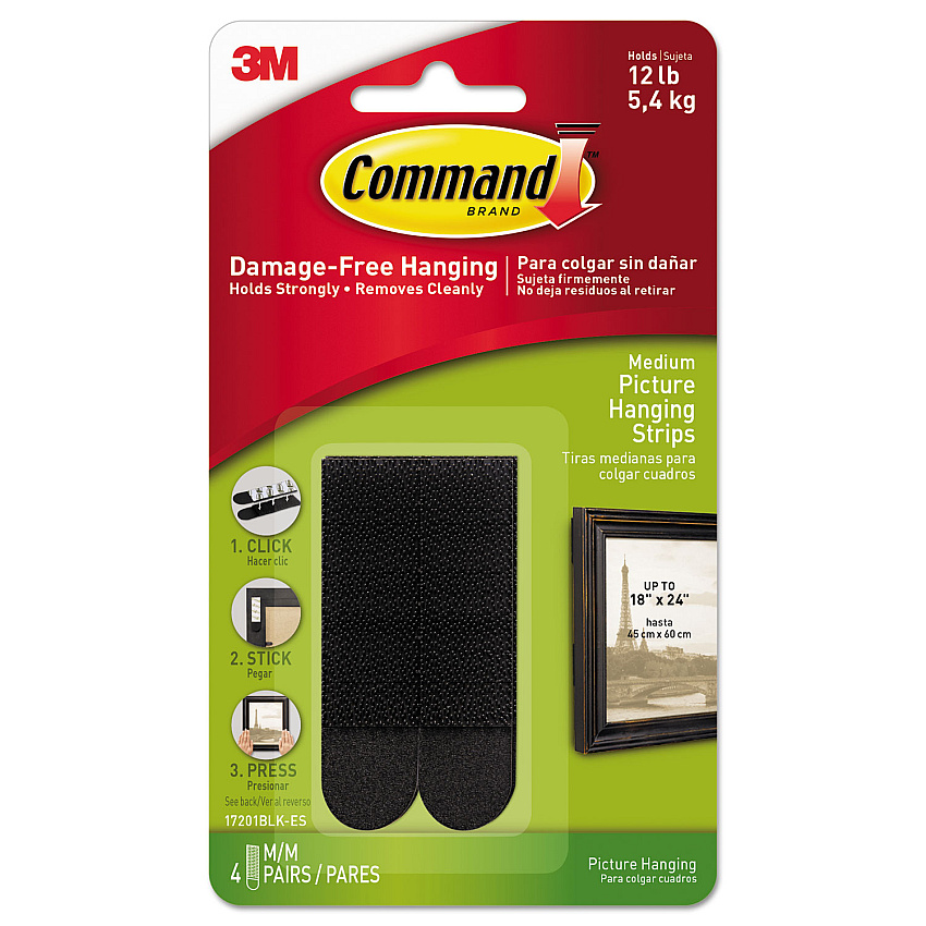 Command Picture Hanging Strips, Removable, Holds Up to 3 lbs per Pair, 0.75 x 2.75, Black, 4 Pairs/Pack (MMM17201BLKES)