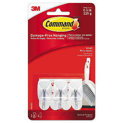 Command General Purpose Wire Hooks, Small, Metal, White, 0.5 lb Capacity, 3 Hooks and 4 Strips/Pack (MMM17067ES)