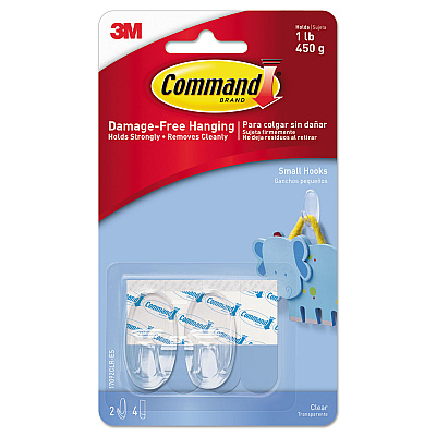 Command Clear Hooks and Strips, Small, Plastic, 1 lb Capacity, 2 Hooks and 4 Strips/Pack (MMM17092CLRES)