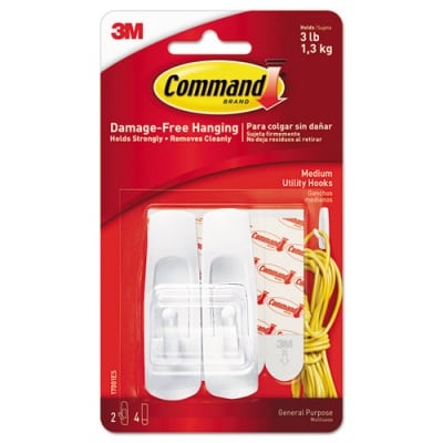Command General Purpose Hooks, Medium, Plastic, White, 3 lb Capacity, 2 Hooks and 4 Strips/Pack (17001ES)