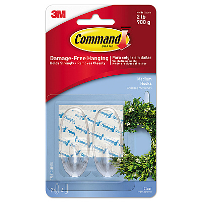 Command Clear Hooks and Strips, Medium, Plastic, 2 lb Capacity, 2 Hooks and 4 Strips/Pack (MMM17091CLRES)