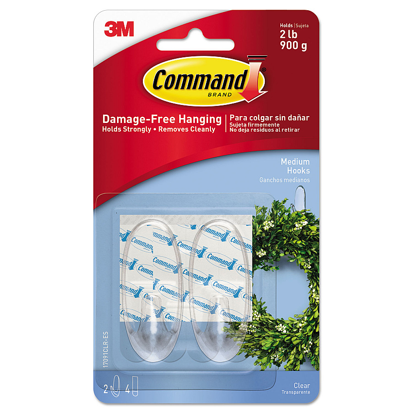 Command Clear Hooks and Strips, Medium, Plastic, 2 lb Capacity, 2 Hooks and 4 Strips/Pack (MMM17091CLRES)