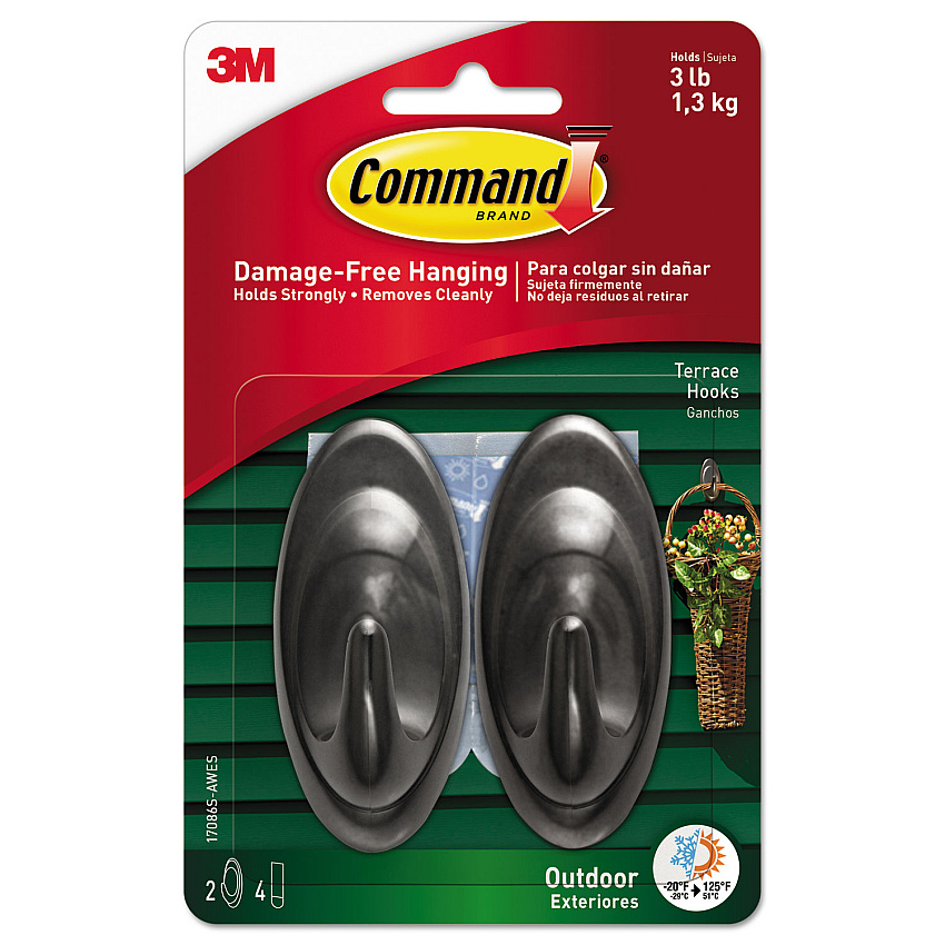Command All Weather Hooks and Strips, Medium, Plastic, Slate, 3 lb Capacity, 2 Hooks and 4 Strips/Pack (MMM17086SAWES)