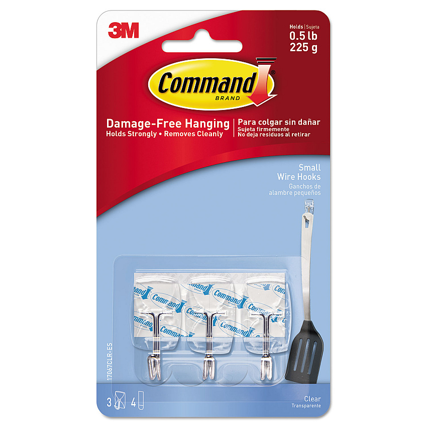 Command Clear Hooks and Strips, Small, Plastic/Metal, 0.5 lb Capacity, 3 Hooks and 4 Strips/Pack (MMM17067CLRES)