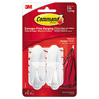 Command General Purpose Designer Hooks, Medium, Plastic, White, 3 lb Capacity, 2 Hooks and 4 Strips/Pack (MMM17081ES)