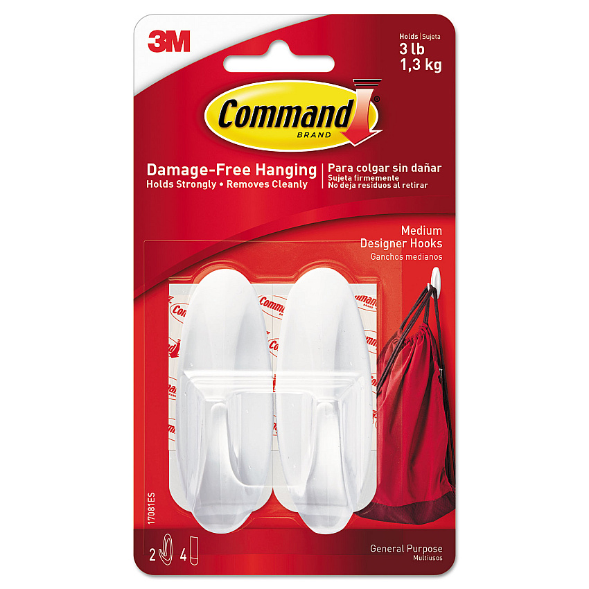 Command General Purpose Designer Hooks, Medium, Plastic, White, 3 lb Capacity, 2 Hooks and 4 Strips/Pack (MMM17081ES)