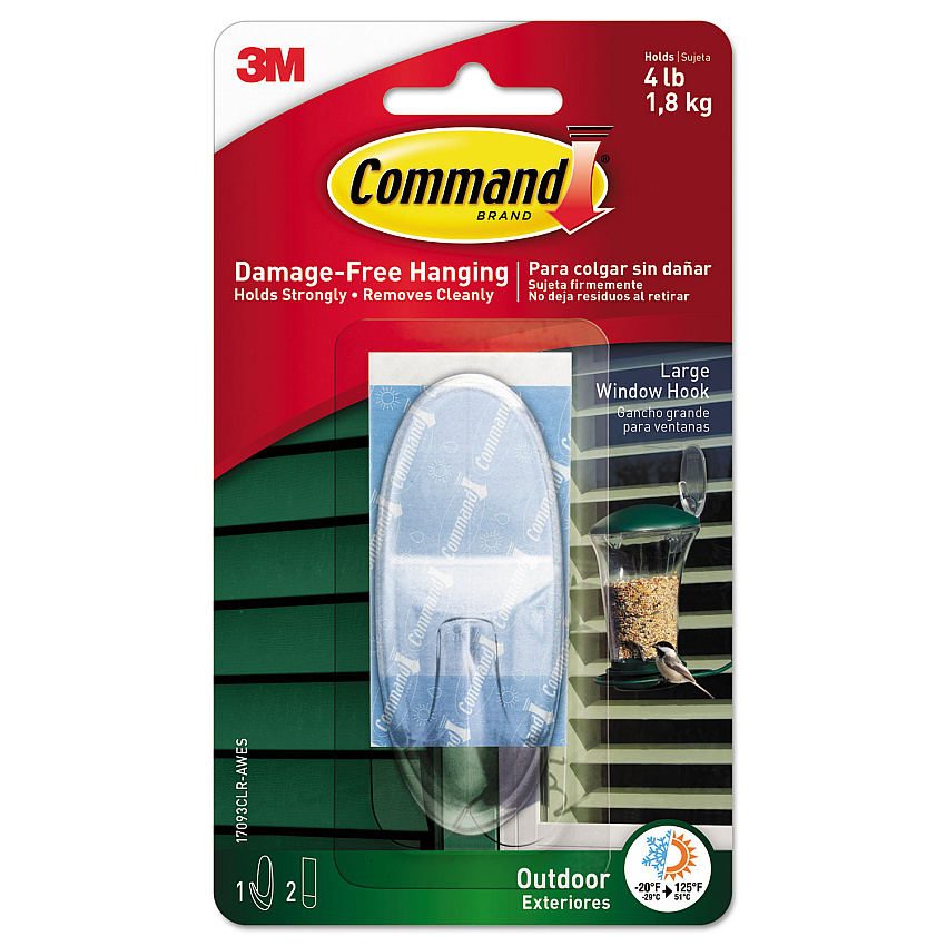 Command All Weather Hooks and Strips, Large, Plastic, Clear, 4 lb Capacity, 1 Hook and 2 Strips/Pack (MMM17093CLRAWES)