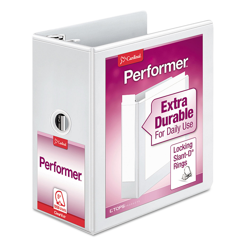 Cardinal Performer ClearVue Slant-D Ring Binder, 3 Rings, 5" Capacity, 11 x 8.5, White (CRD17950)