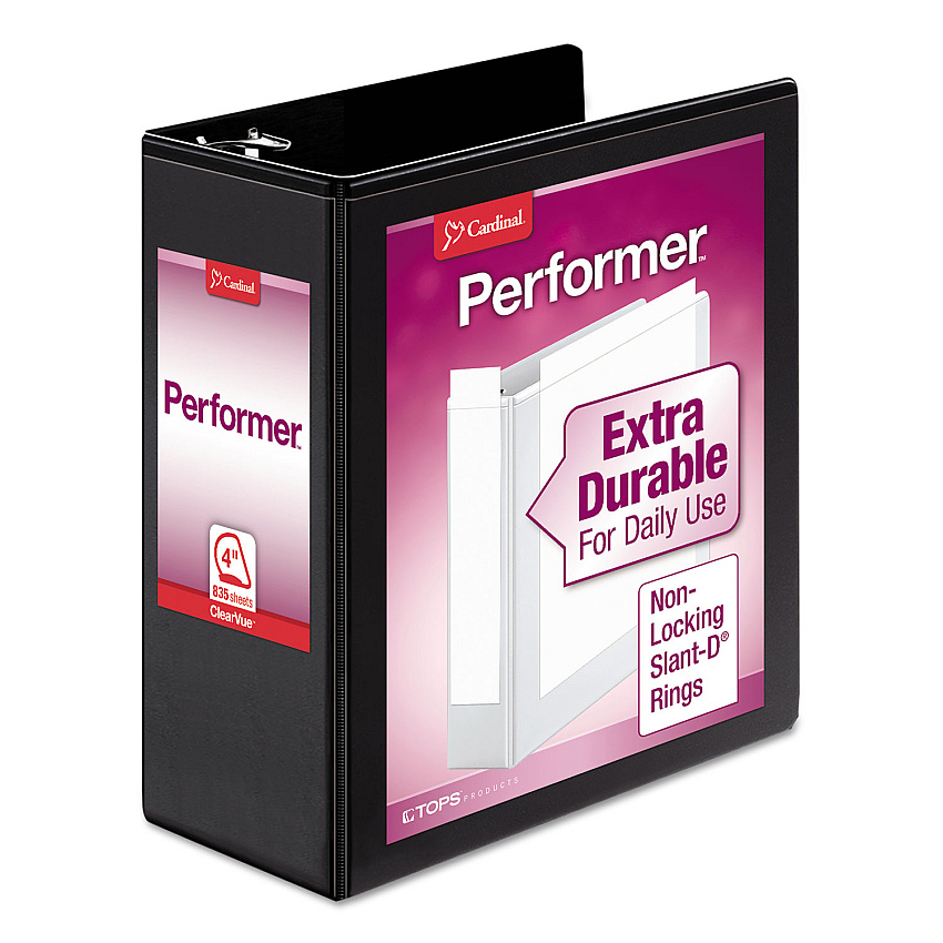 Cardinal Performer ClearVue Slant-D Ring Binder, 3 Rings, 4" Capacity, 11 x 8.5, Black (CRD17811)