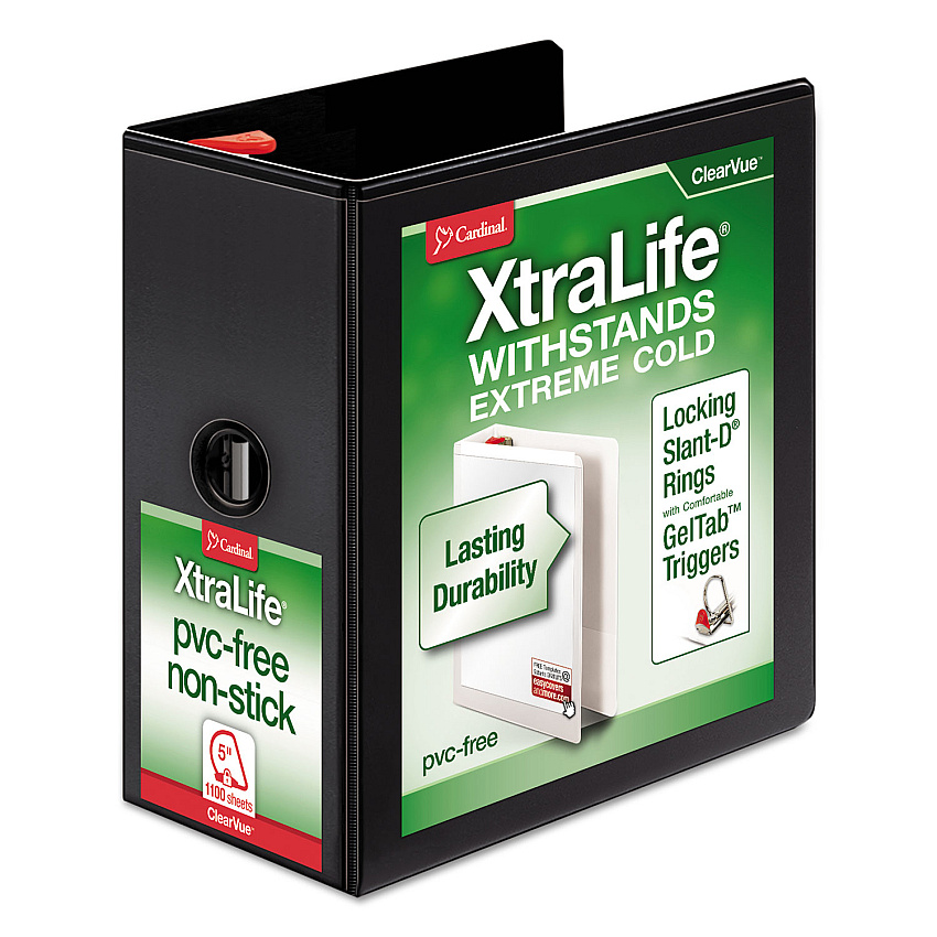 Cardinal XtraLife ClearVue Non-Stick Locking Slant-D Ring Binder, 3 Rings, 5" Capacity, 11 x 8.5, Black (CRD26351)
